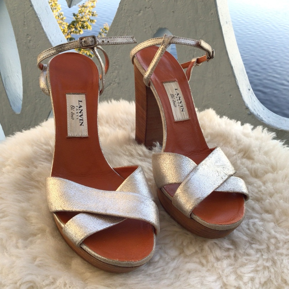 Lanvin Paris Metallic Leather Ankle Strap Sandals Heels Ete 2007 Made in Italy